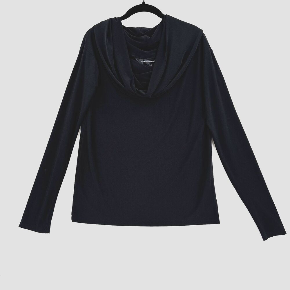 Norma Kamali Black Draped Cowl Neck Top Women L Long Sleeve Stretch Minimalist